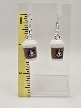 Coffee Cup Dangle Earrings in White and Brown